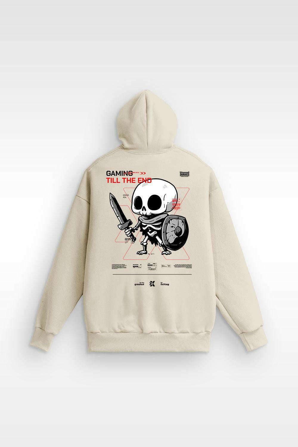 Moletom oversized com capuz creme Gaming Till the End - costas com esqueleto guerreiro de espada e escudo